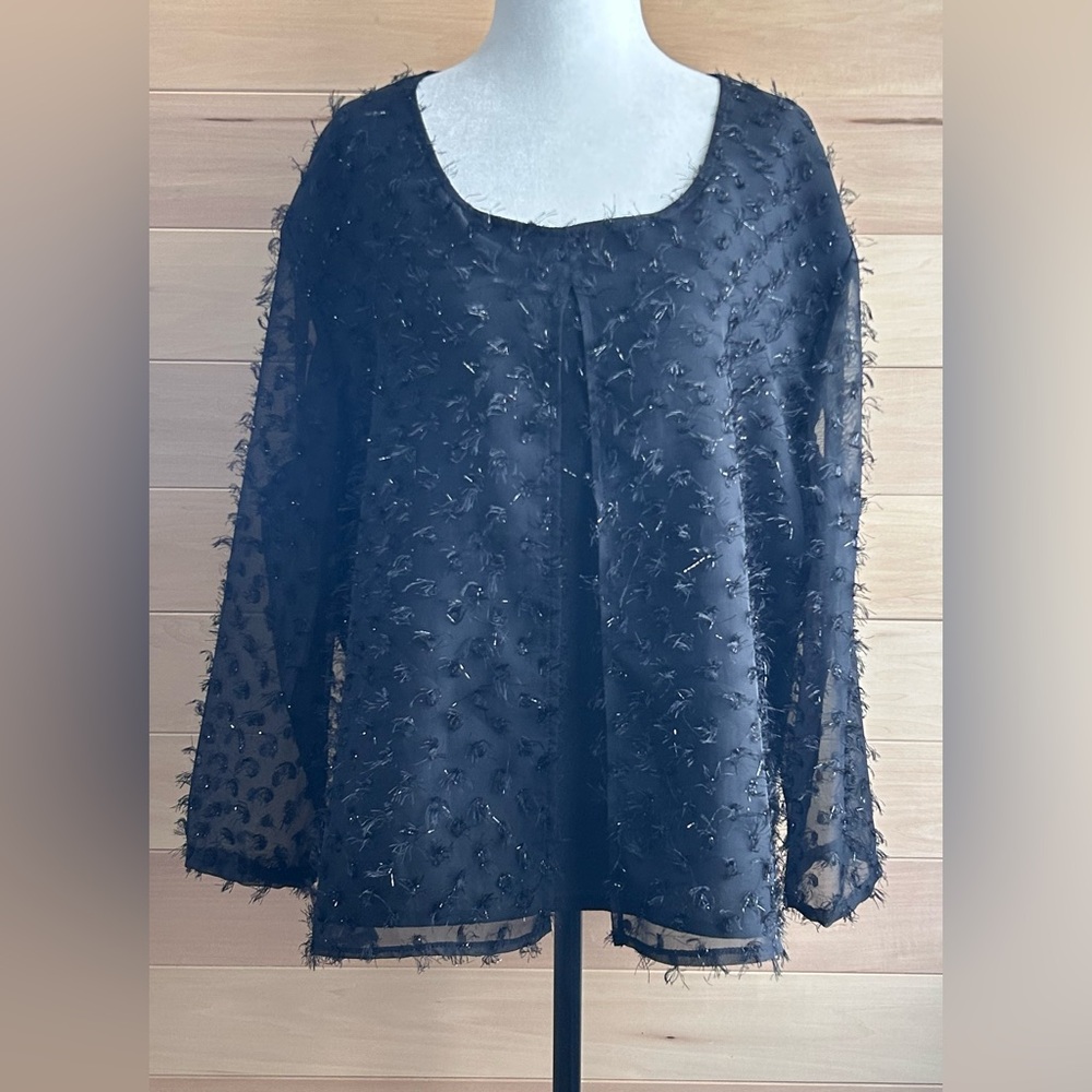 Lindor petite black sheer long-sleeve blouse with a fringe semi-sheer